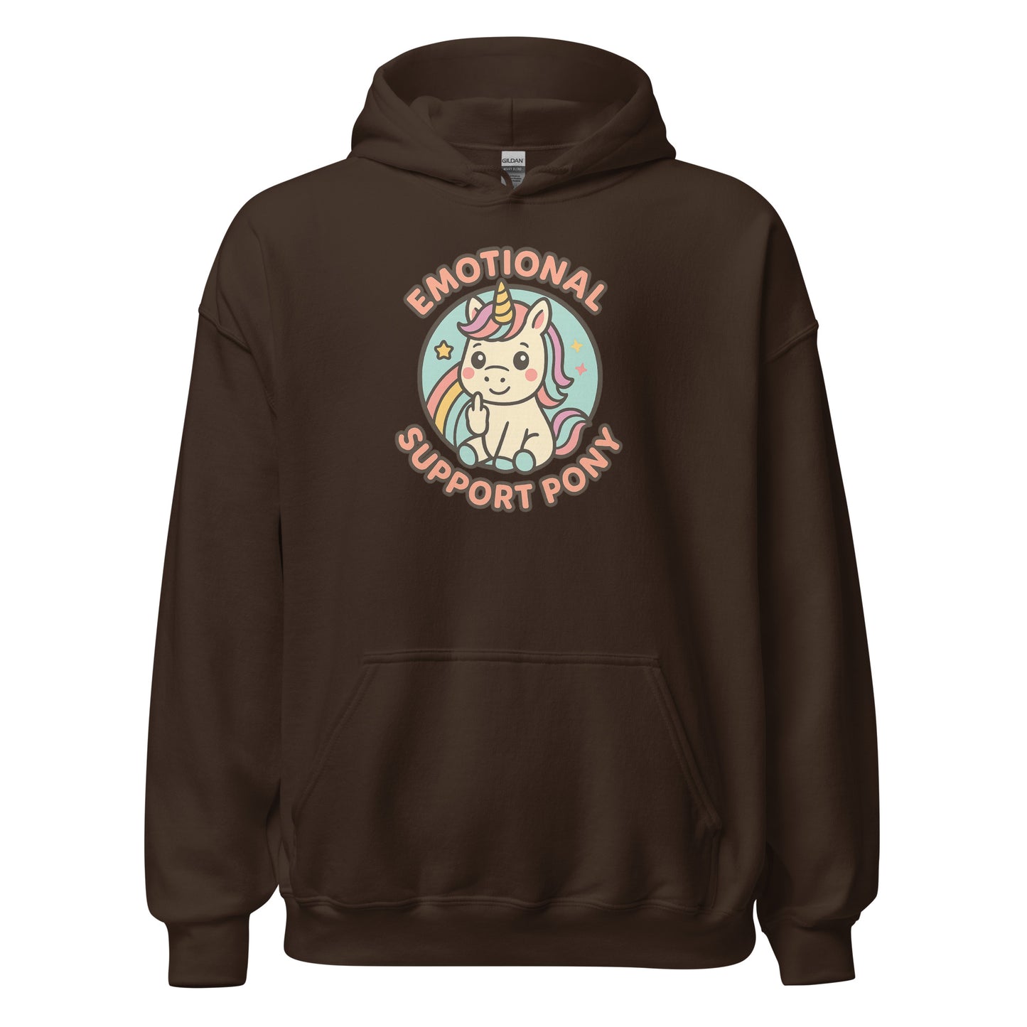 Brown hoodie with a colorful unicorn graphic and text on a white background