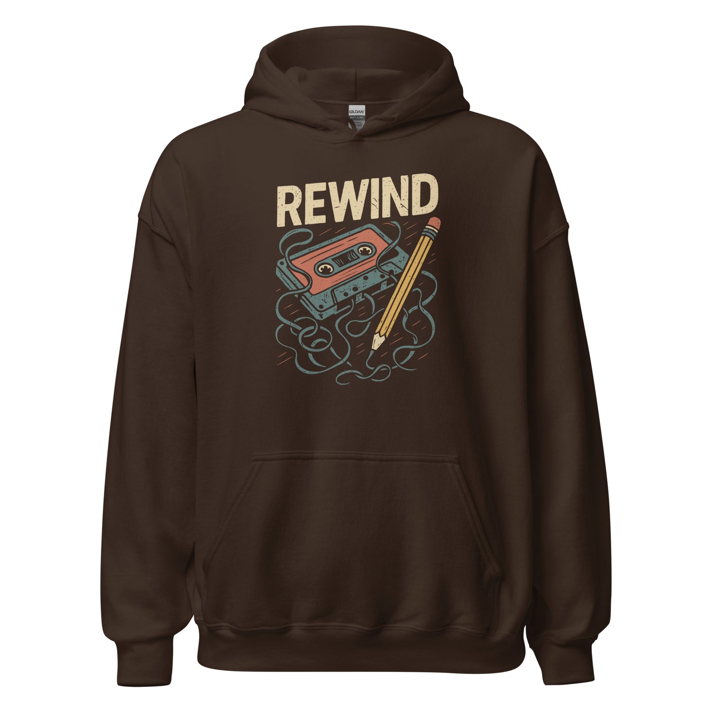 Brown hoodie with 'REWIND' graphic design on a white background