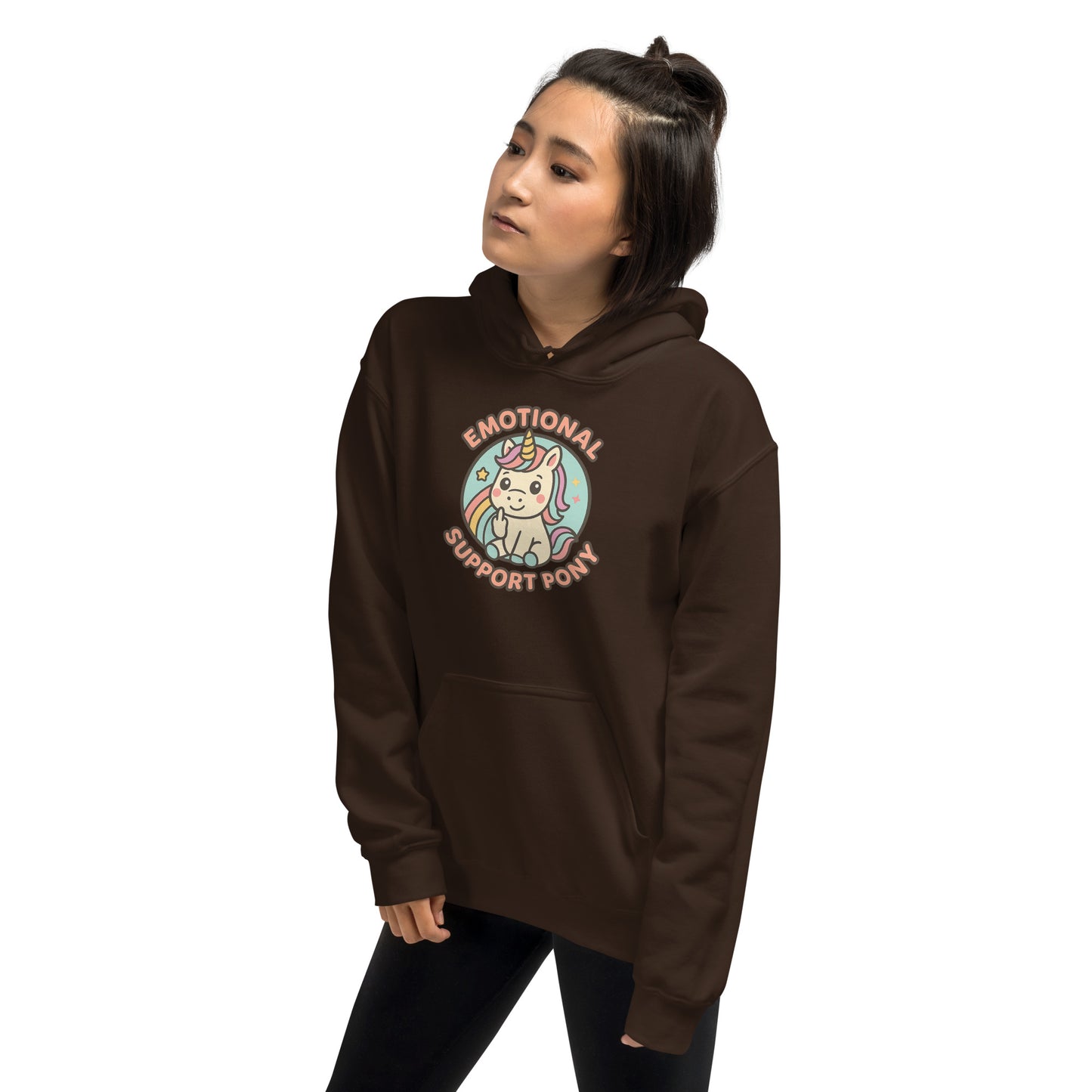 Person wearing a brown hoodie with a graphic design on a white background