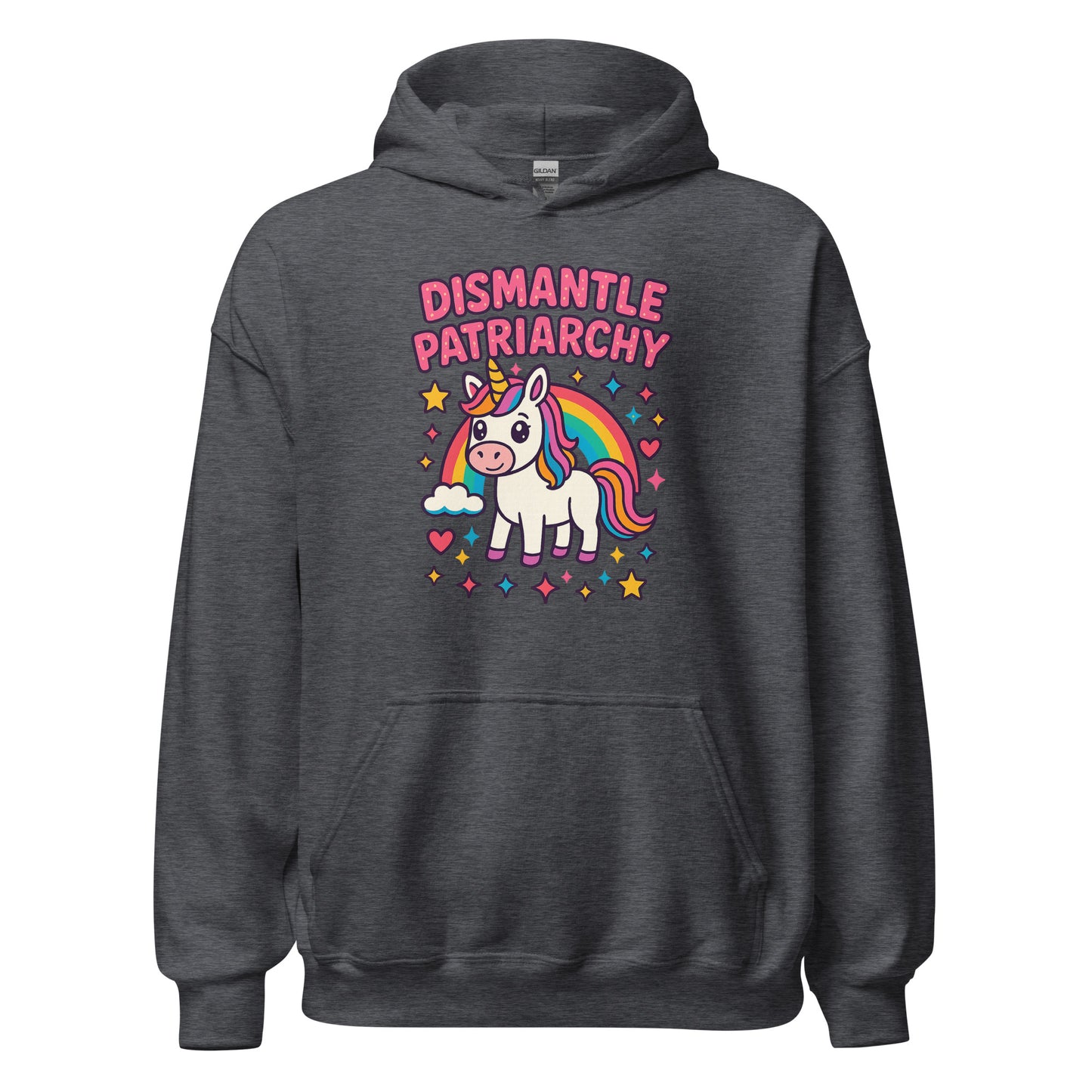 Dark gray hoodie with unicorn graphic and 'Dismantle Patriarchy' text on a white background