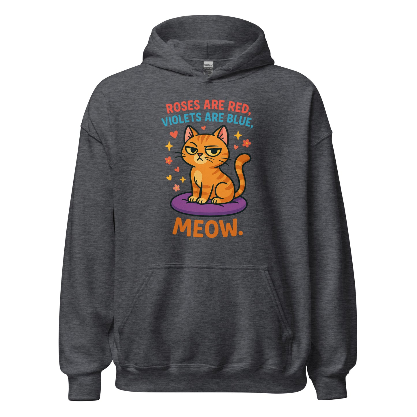 Dark gray hoodie with a cat graphic and text on a white background