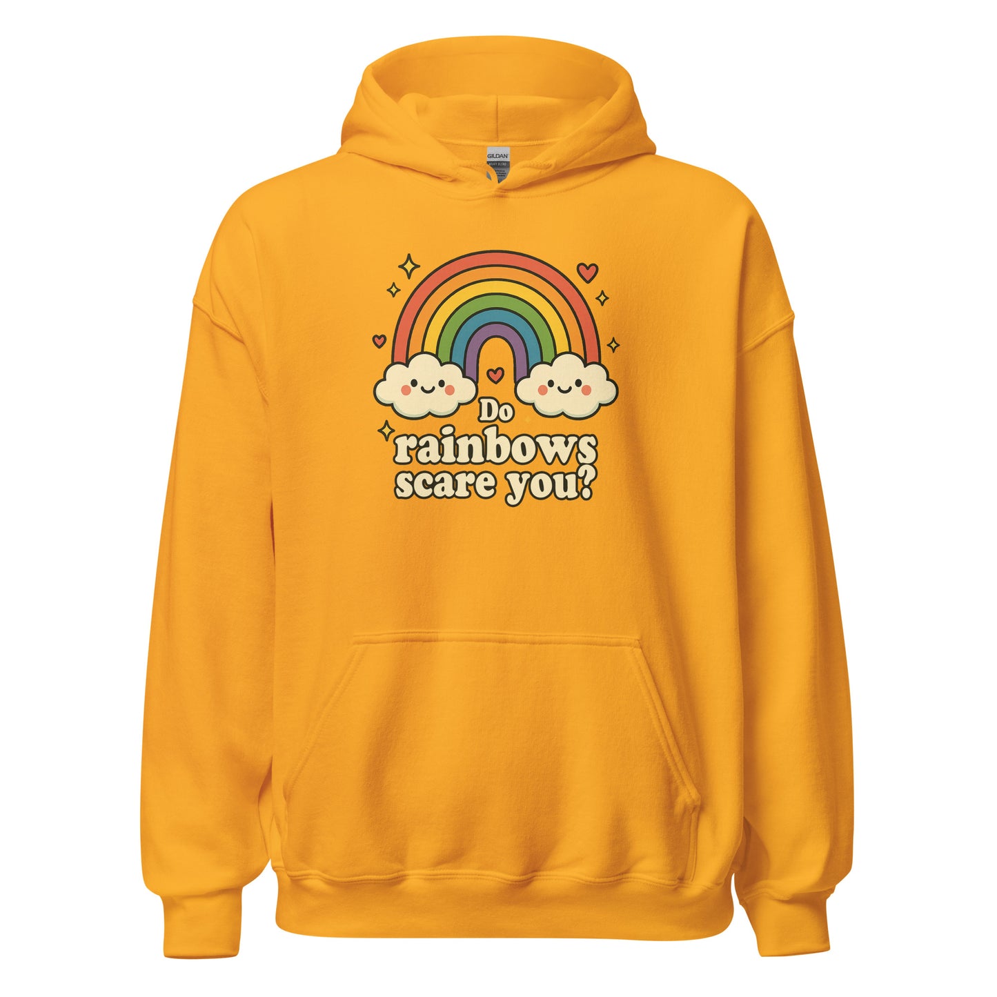Yellow hoodie with rainbow and cloud design on a white background