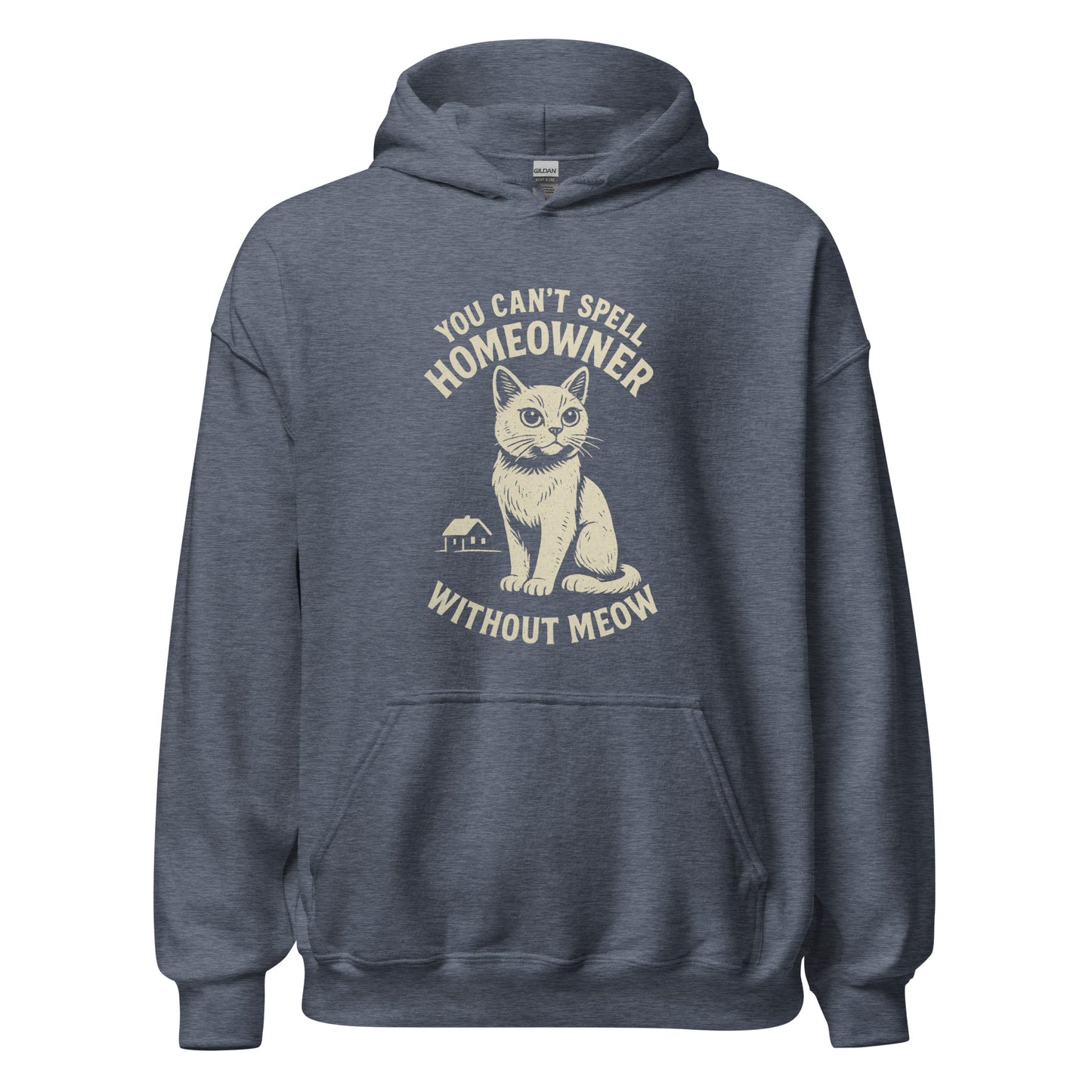 Blue hoodie with a cat graphic and text on a white background