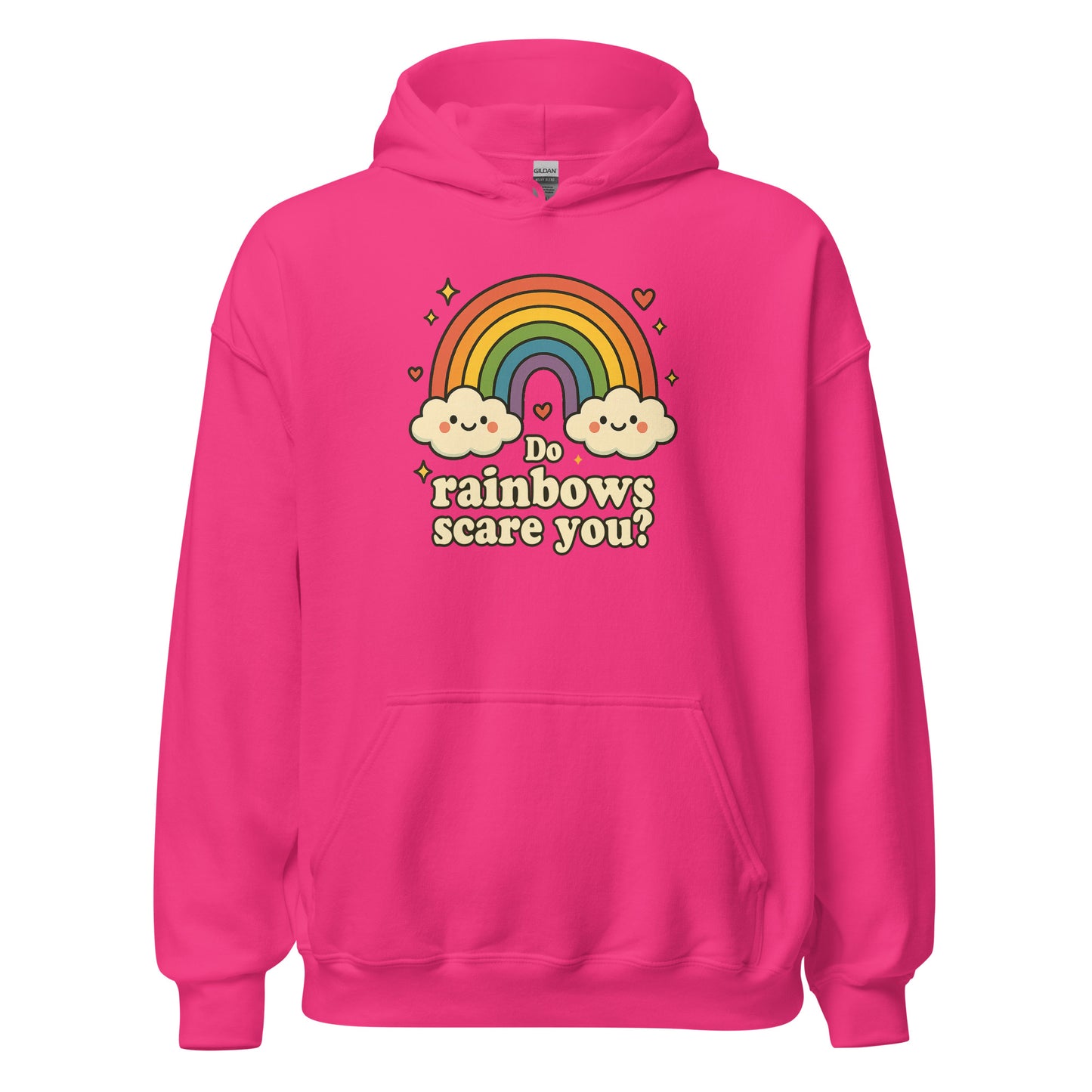 Pink hoodie with rainbow and cloud design on a white background