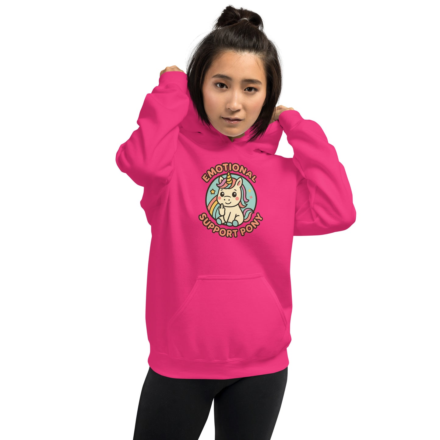Person wearing a pink hoodie with a graphic design on a white background