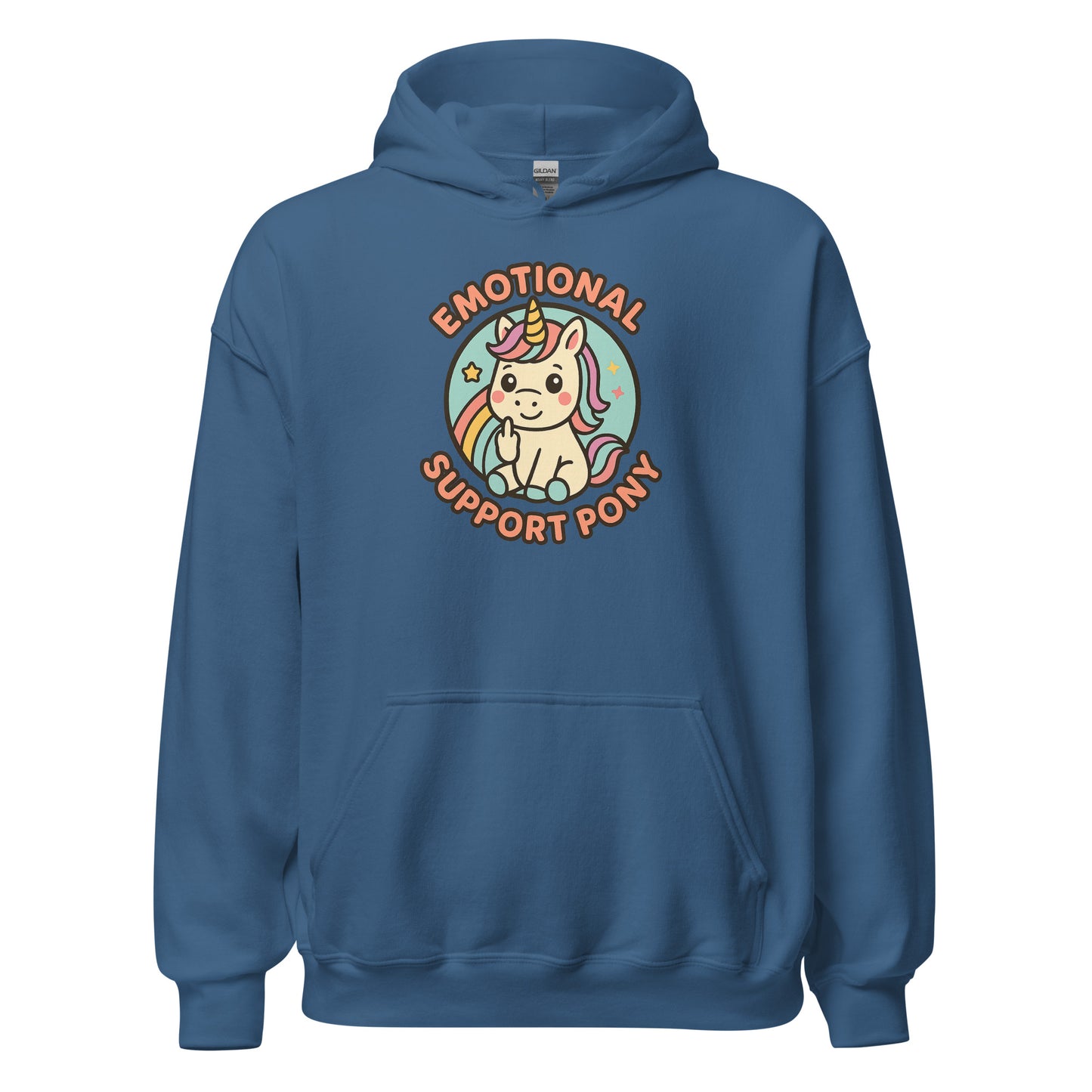 Blue hoodie with a colorful unicorn graphic and text on a white background