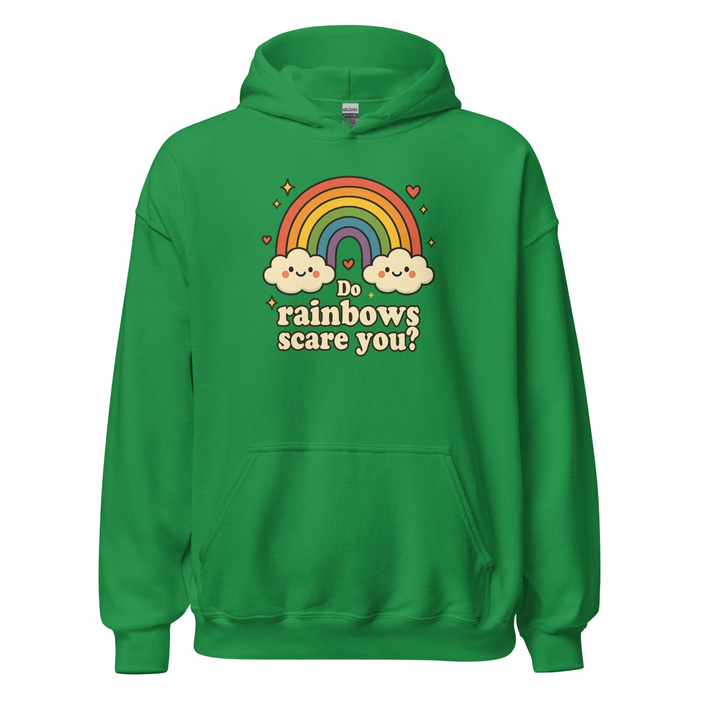 Green hoodie with rainbow and cloud design on a white background