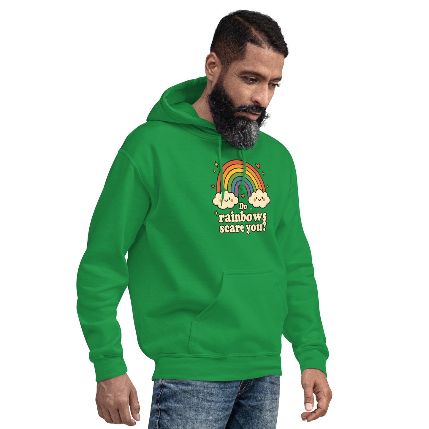 Man wearing a green hoodie with a rainbow design and text on a white background