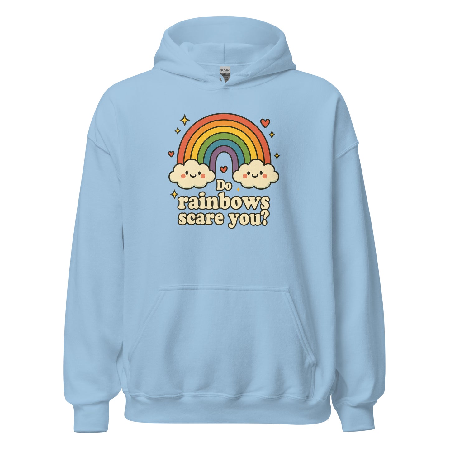 Light blue hoodie with rainbow and cloud design on a white background