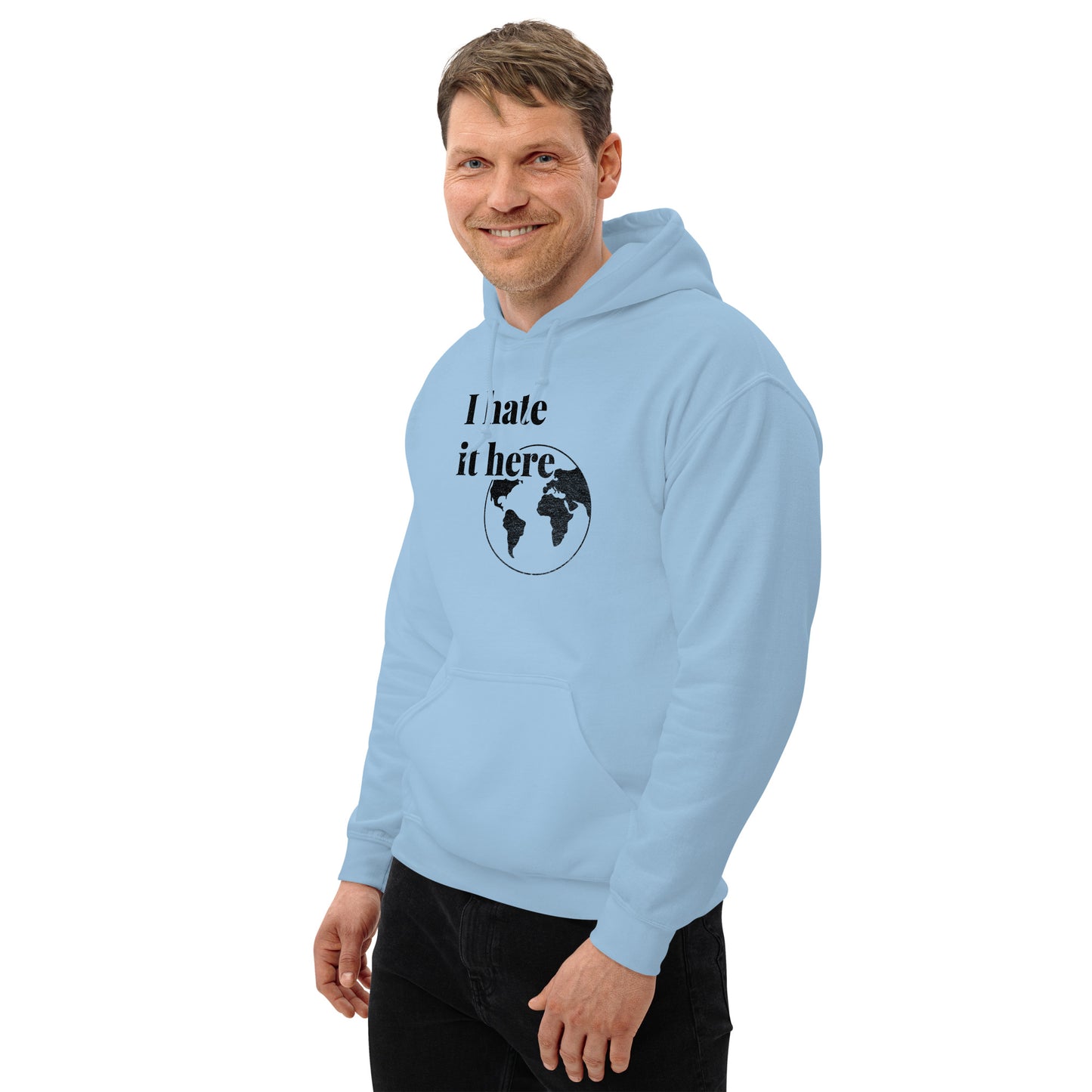 Man wearing a light blue hoodie with a graphic and text on a white background