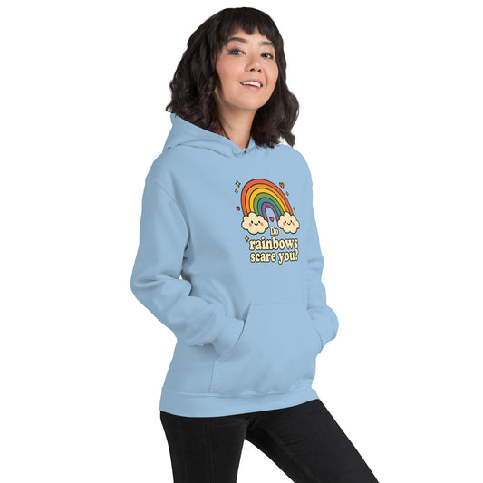 Person wearing a light blue hoodie with a rainbow and cloud design on a white background