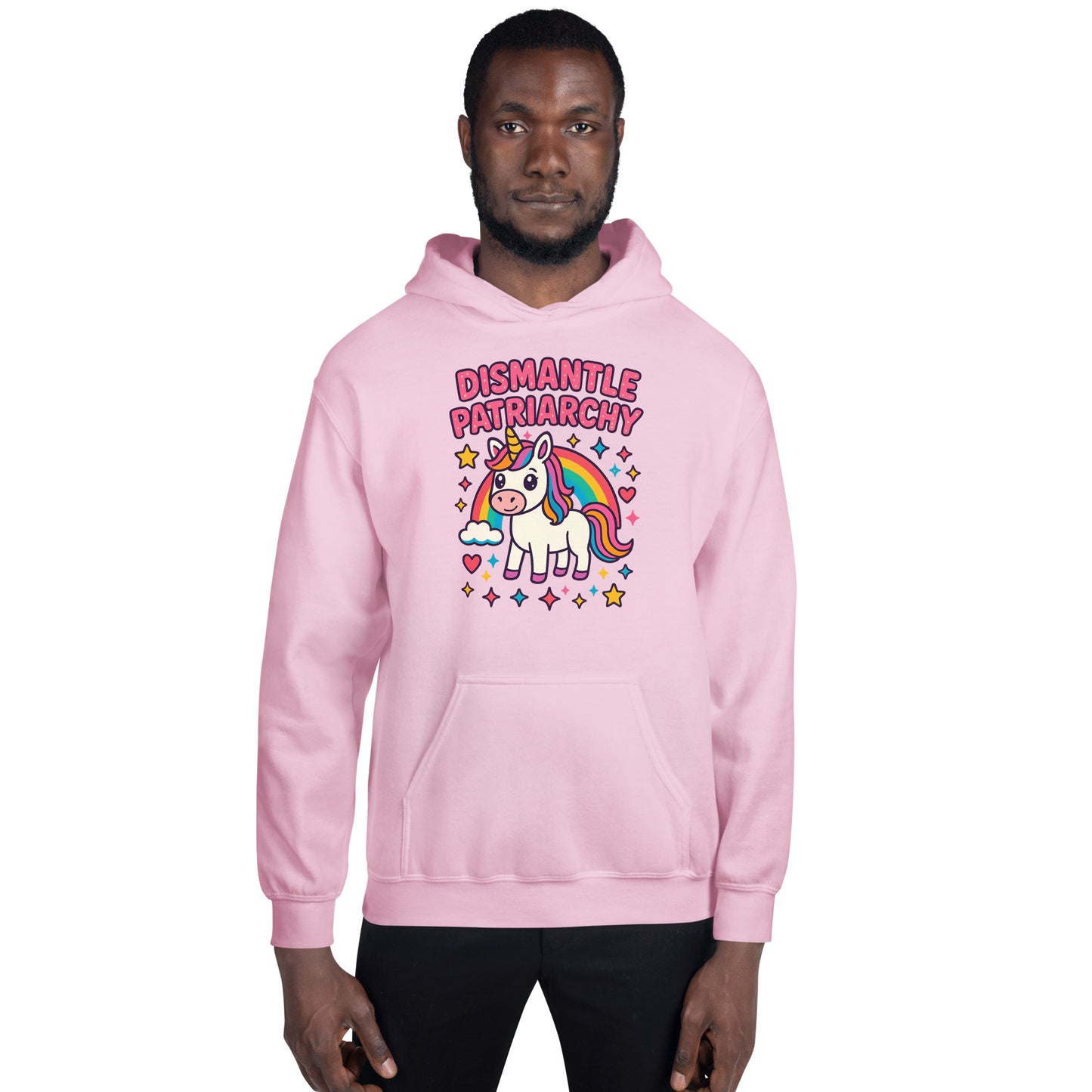 Person wearing a pink hoodie with a unicorn graphic and text on a white background