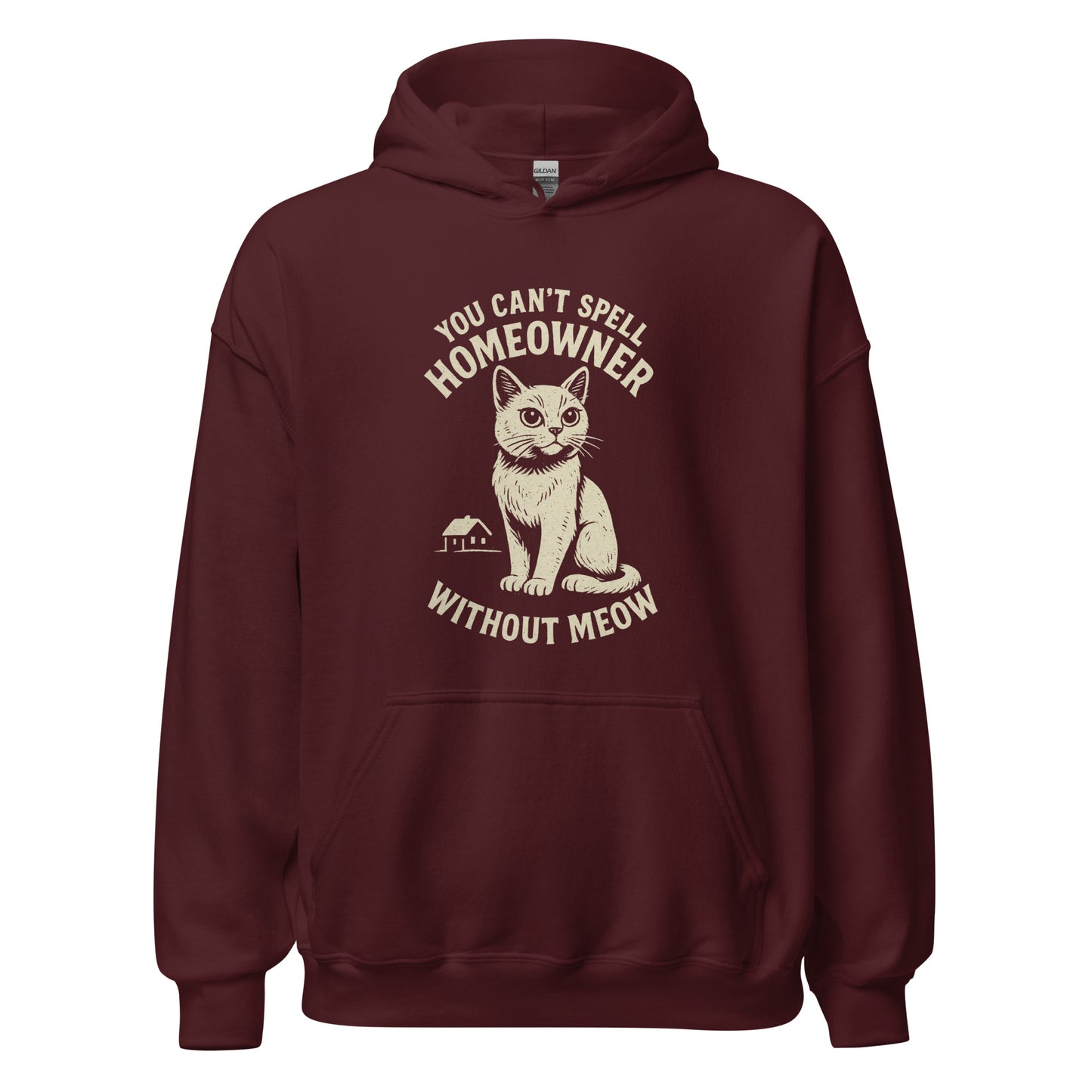 Maroon hoodie with a cat graphic and text on a white background