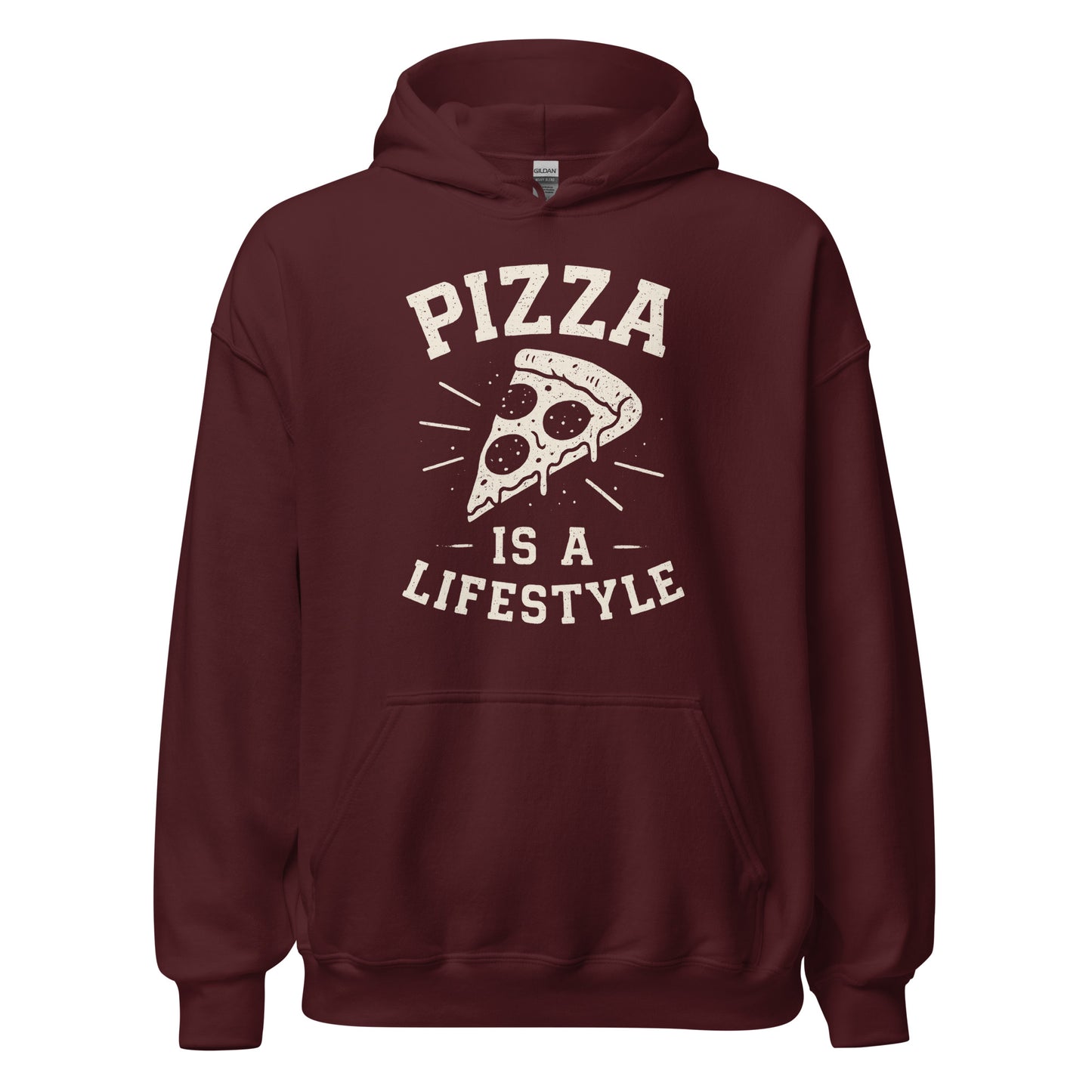 Maroon hoodie with 'Pizza is a Lifestyle' text and graphic on a white background