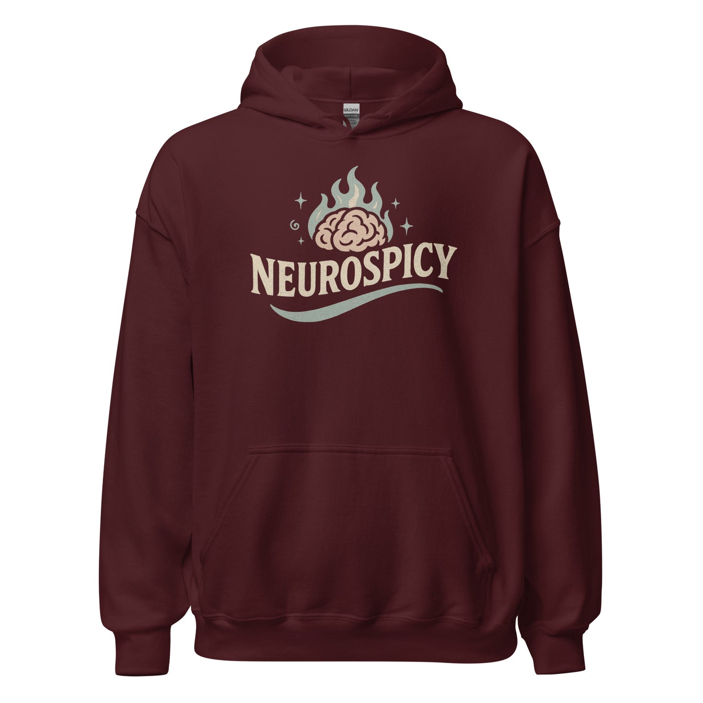 Maroon hoodie with 'NEUROSPICY' logo on a white background