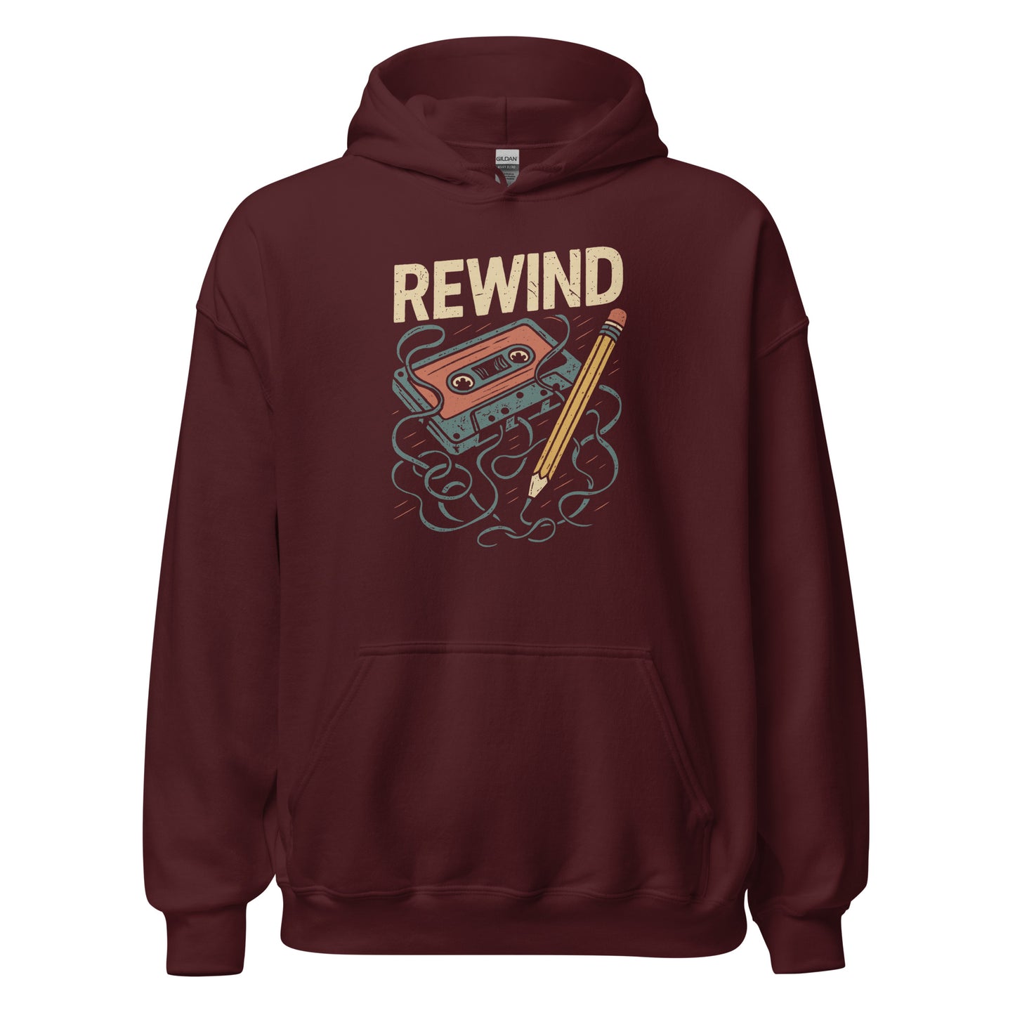 Maroon hoodie with 'REWIND' graphic design on a white background