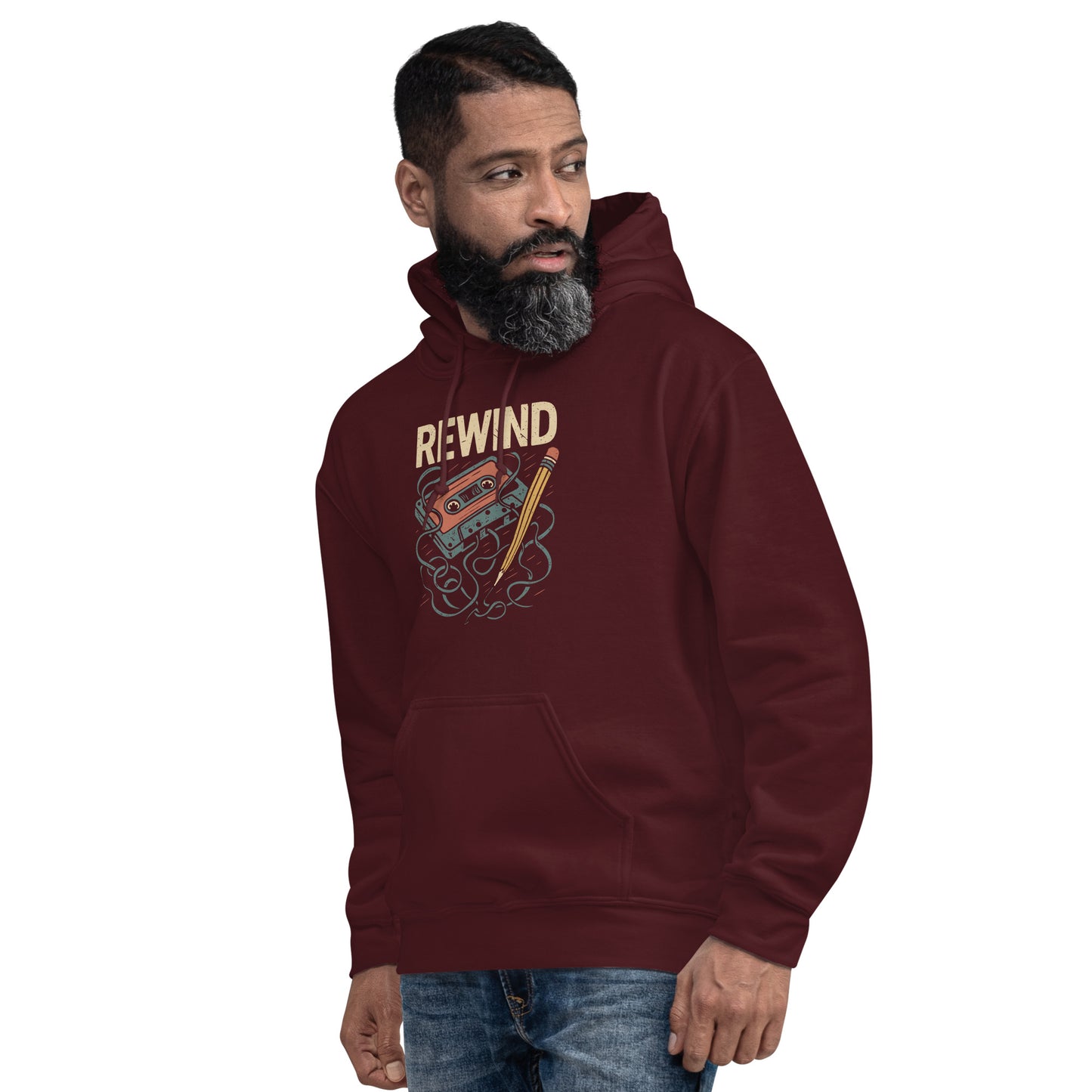 Man wearing a maroon hoodie with 'Rewind' graphic design on a white background