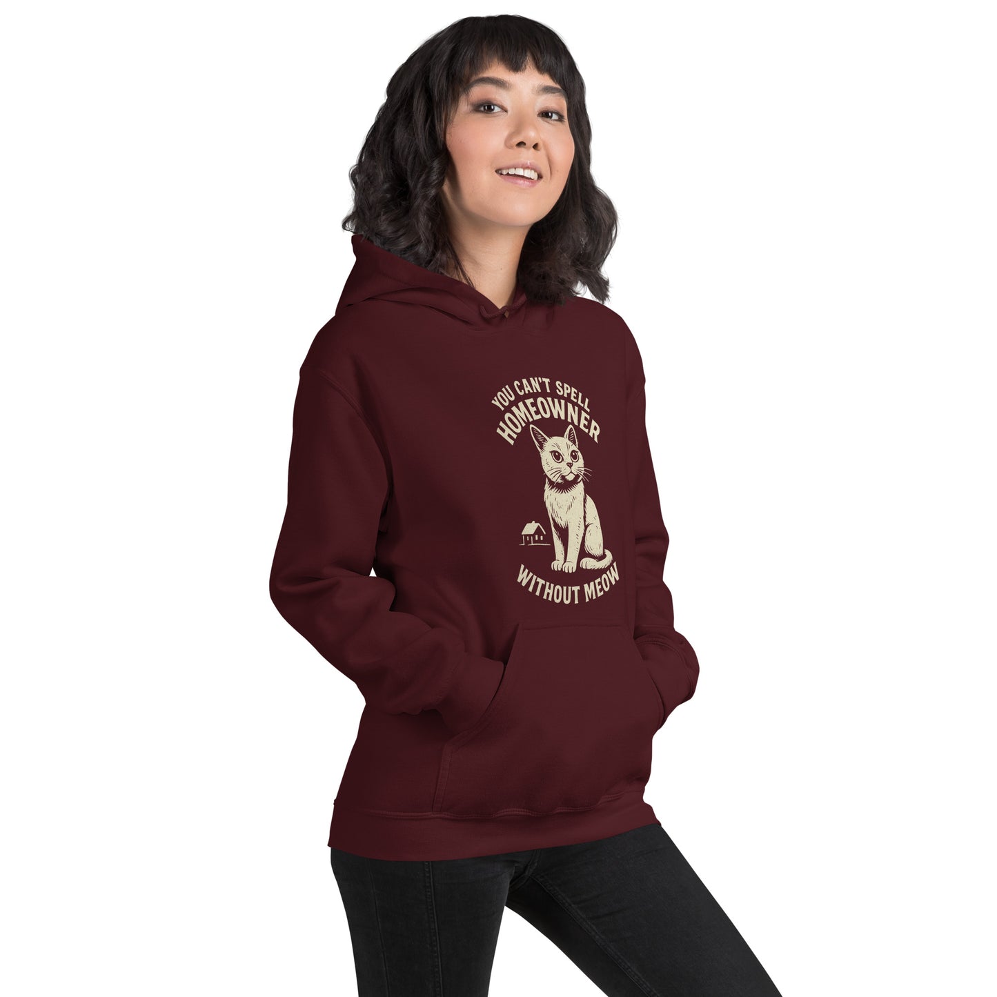 Person wearing a maroon hoodie with a cat graphic and text on a white background