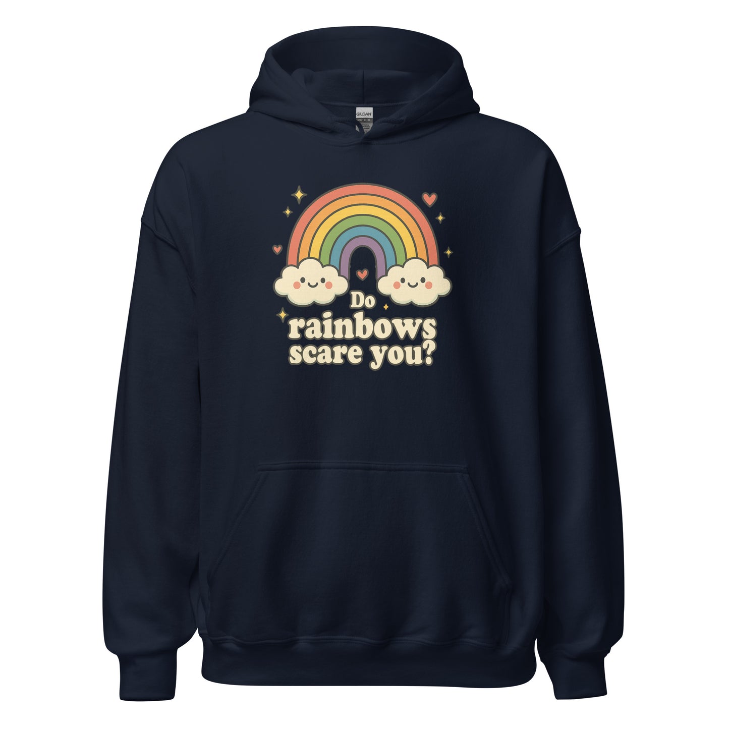 Navy blue hoodie with rainbow and cloud design on a white background