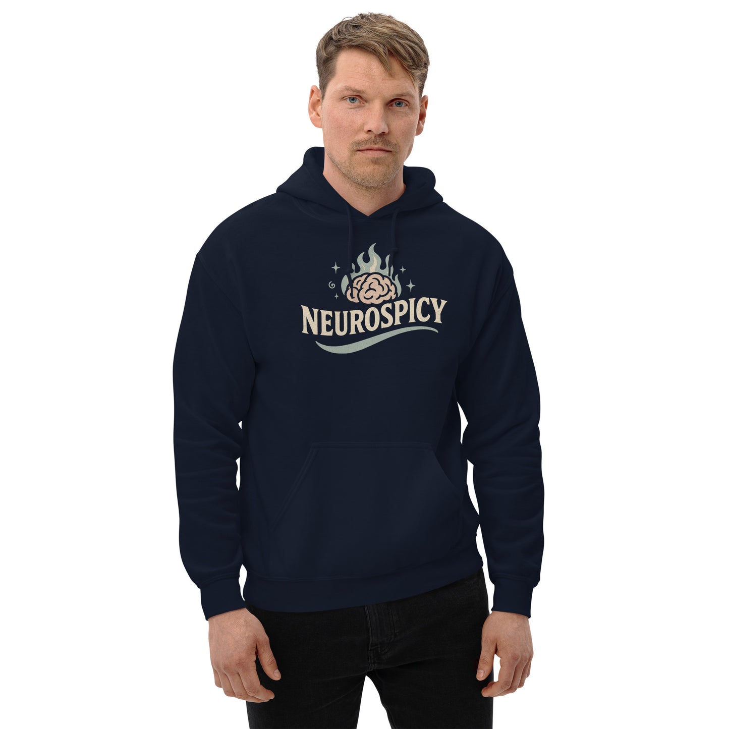Man wearing a navy hoodie with 'NEUROSPICY' logo on a white background