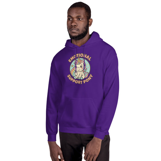 Man wearing a purple hoodie with a unicorn graphic and text on a white background