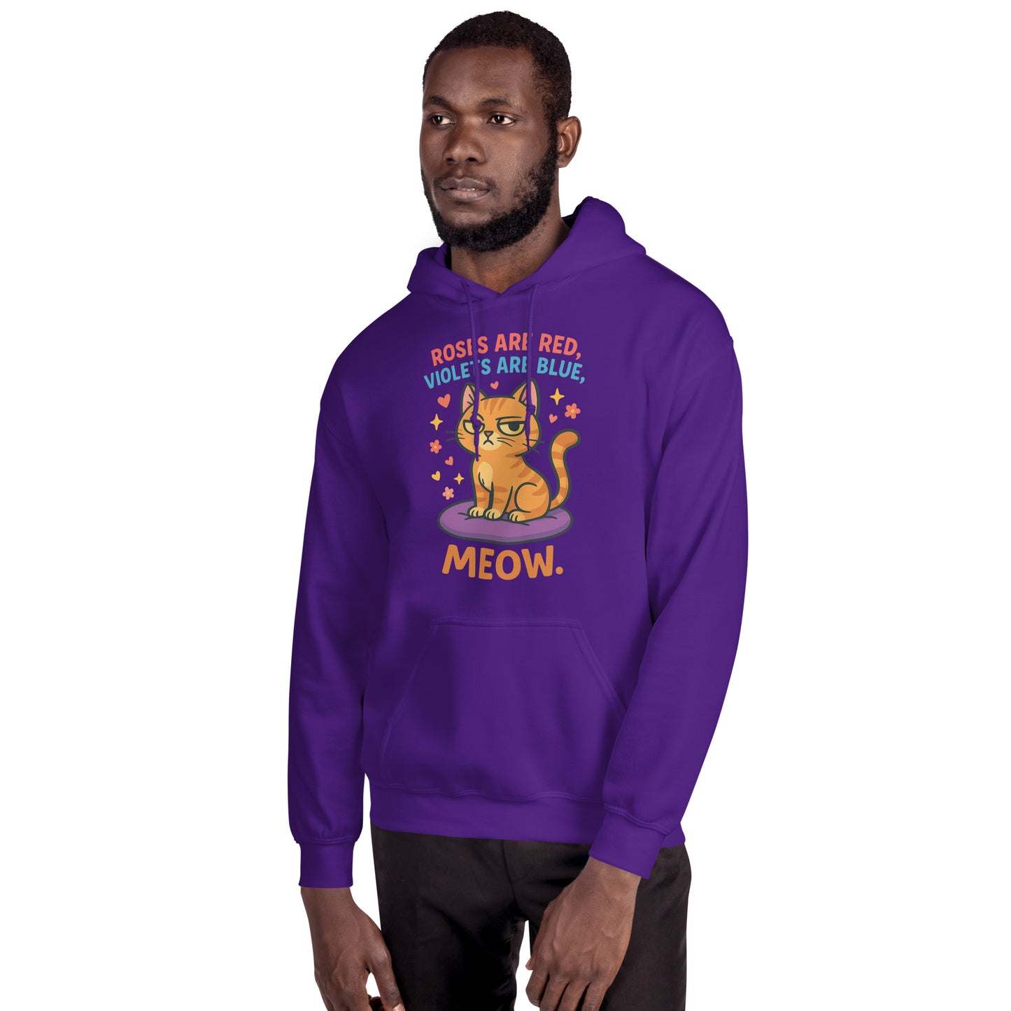 Man wearing a purple hoodie with a cat graphic and text on a white background