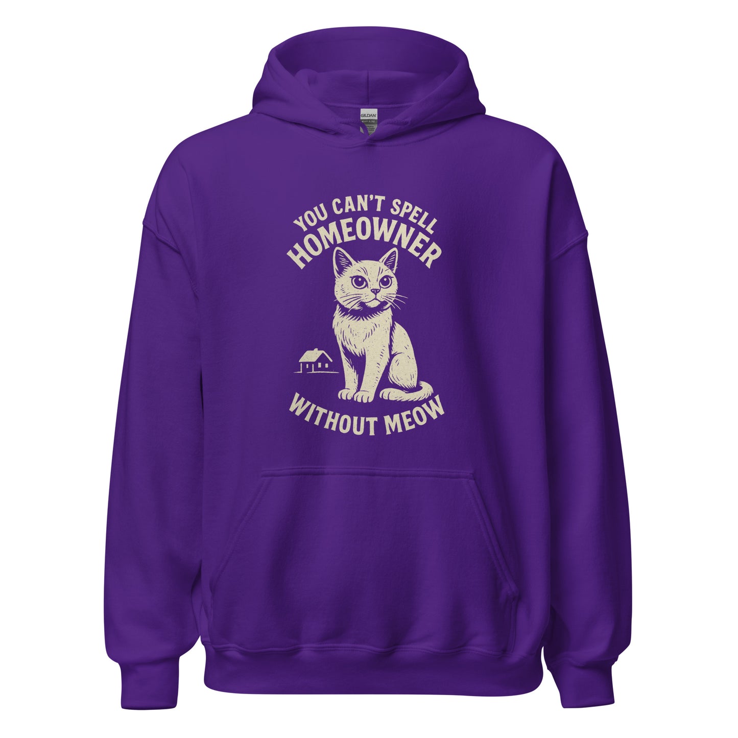 Purple hoodie with a cat graphic and text on a white background
