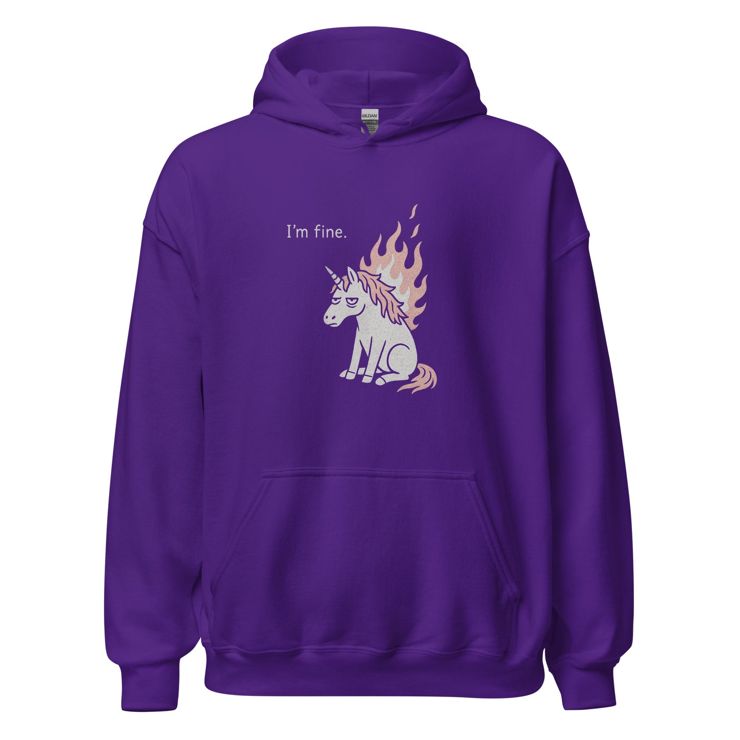 Purple hoodie with a unicorn graphic and 'I'm fine.' text on a white background