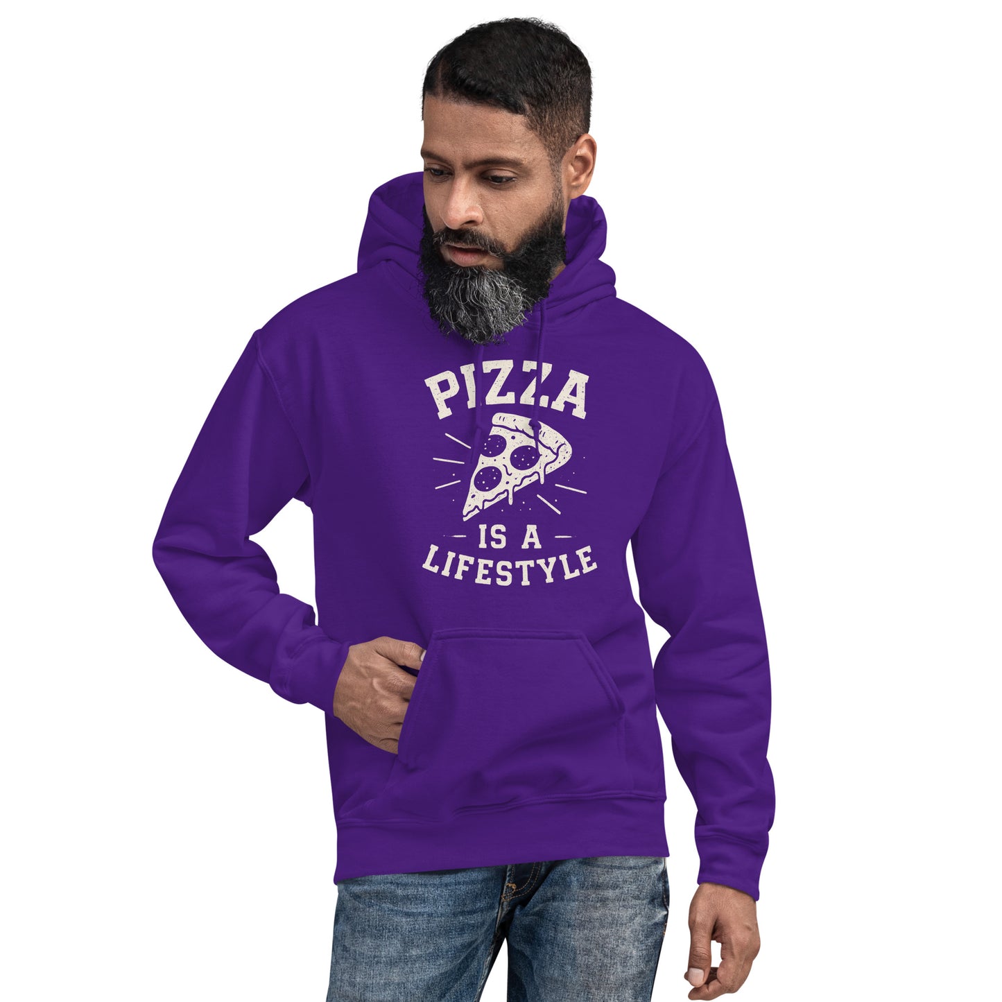 Man wearing a purple hoodie with 'Pizza is a Lifestyle' text and pizza graphic on a white background