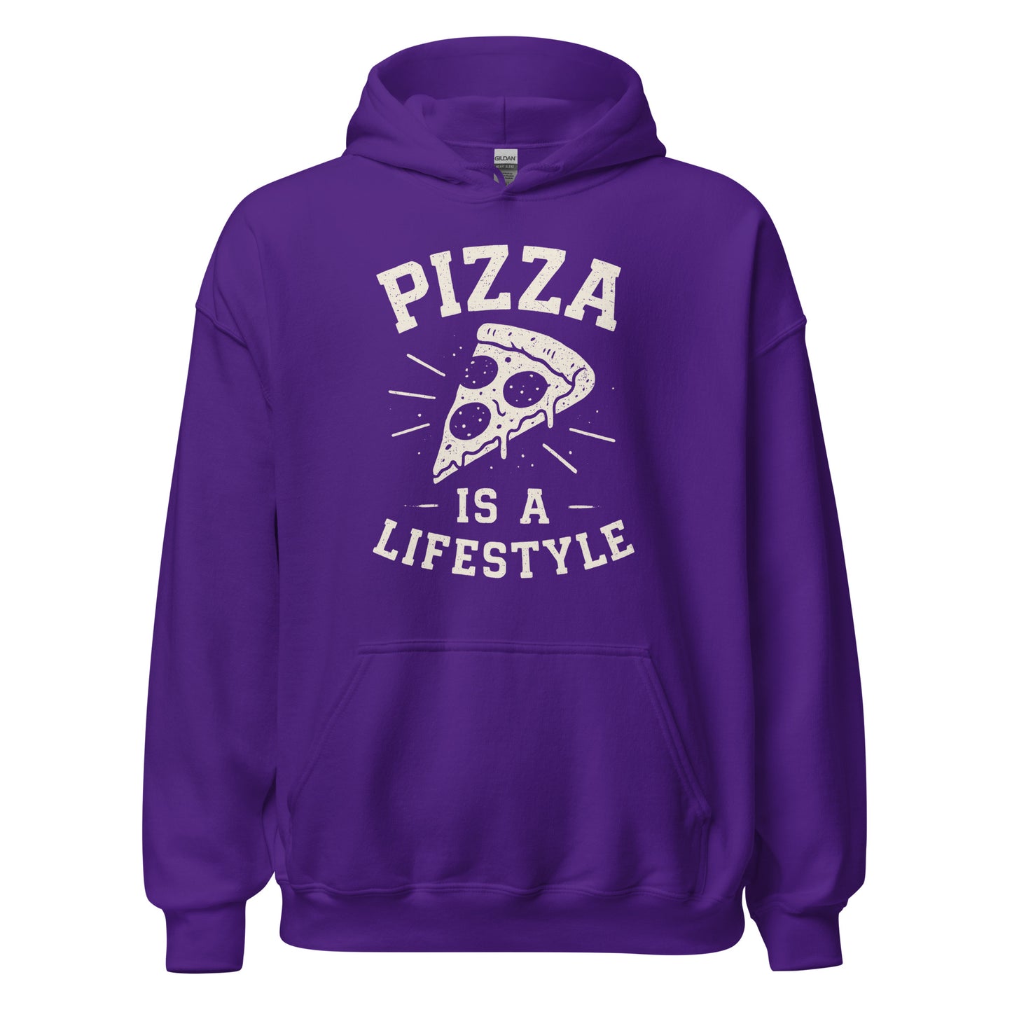 Purple hoodie with 'Pizza is a Lifestyle' text and graphic on a white background