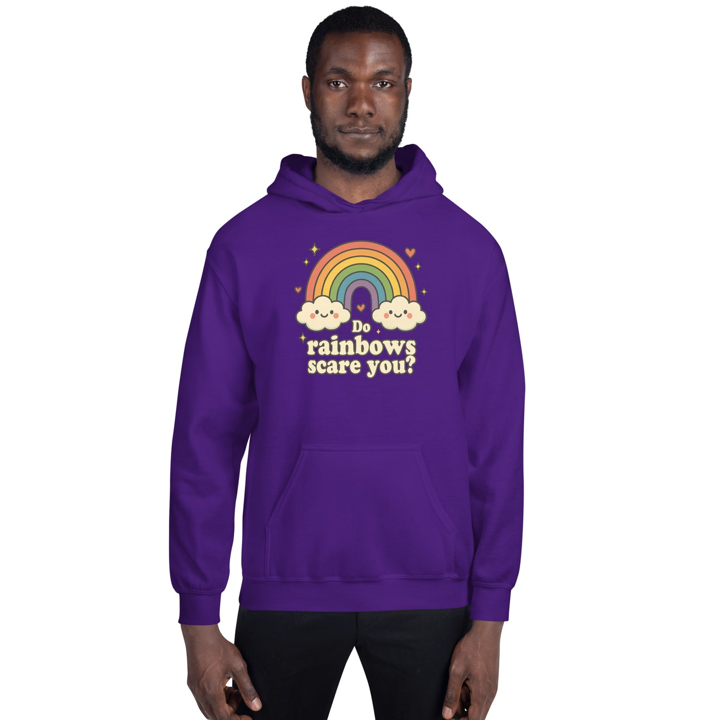 Person wearing a purple hoodie with a rainbow and cloud design on a white background