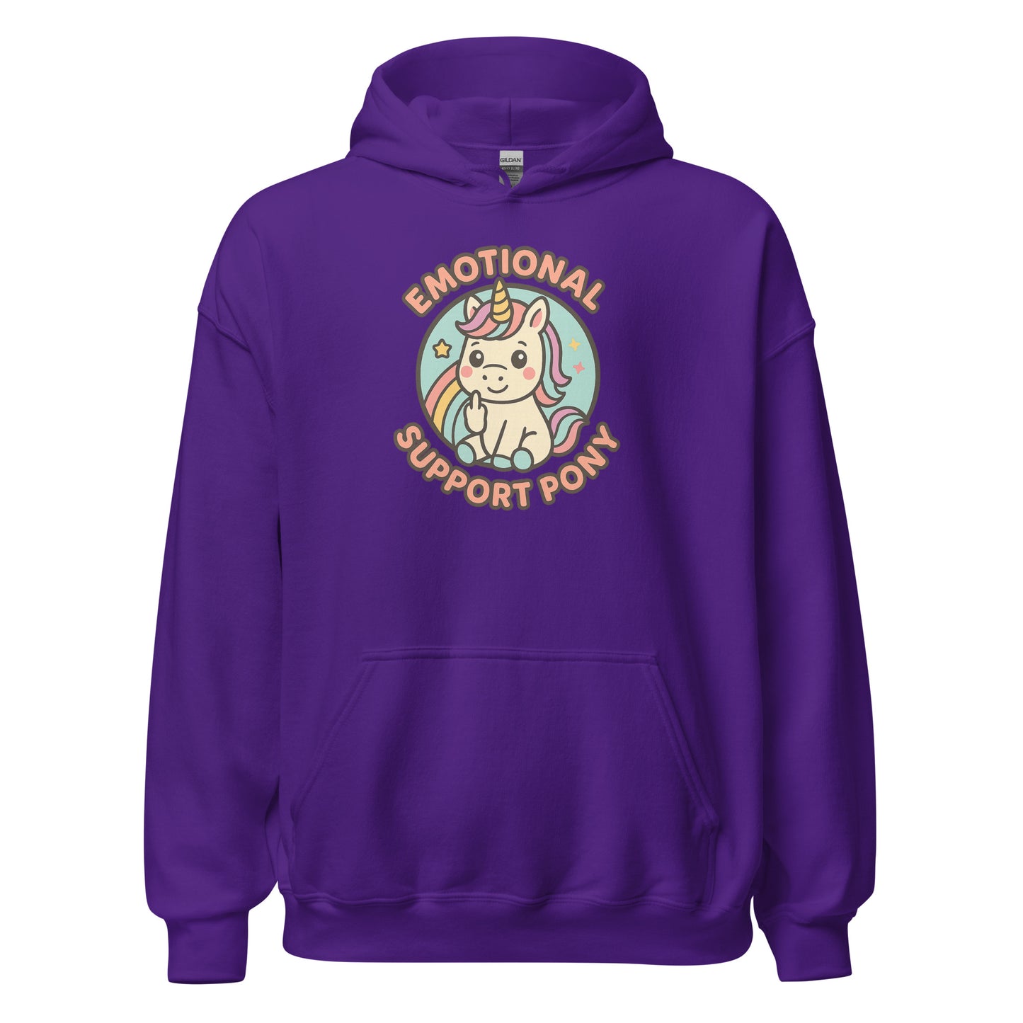 Purple hoodie with a unicorn graphic and text on a white background