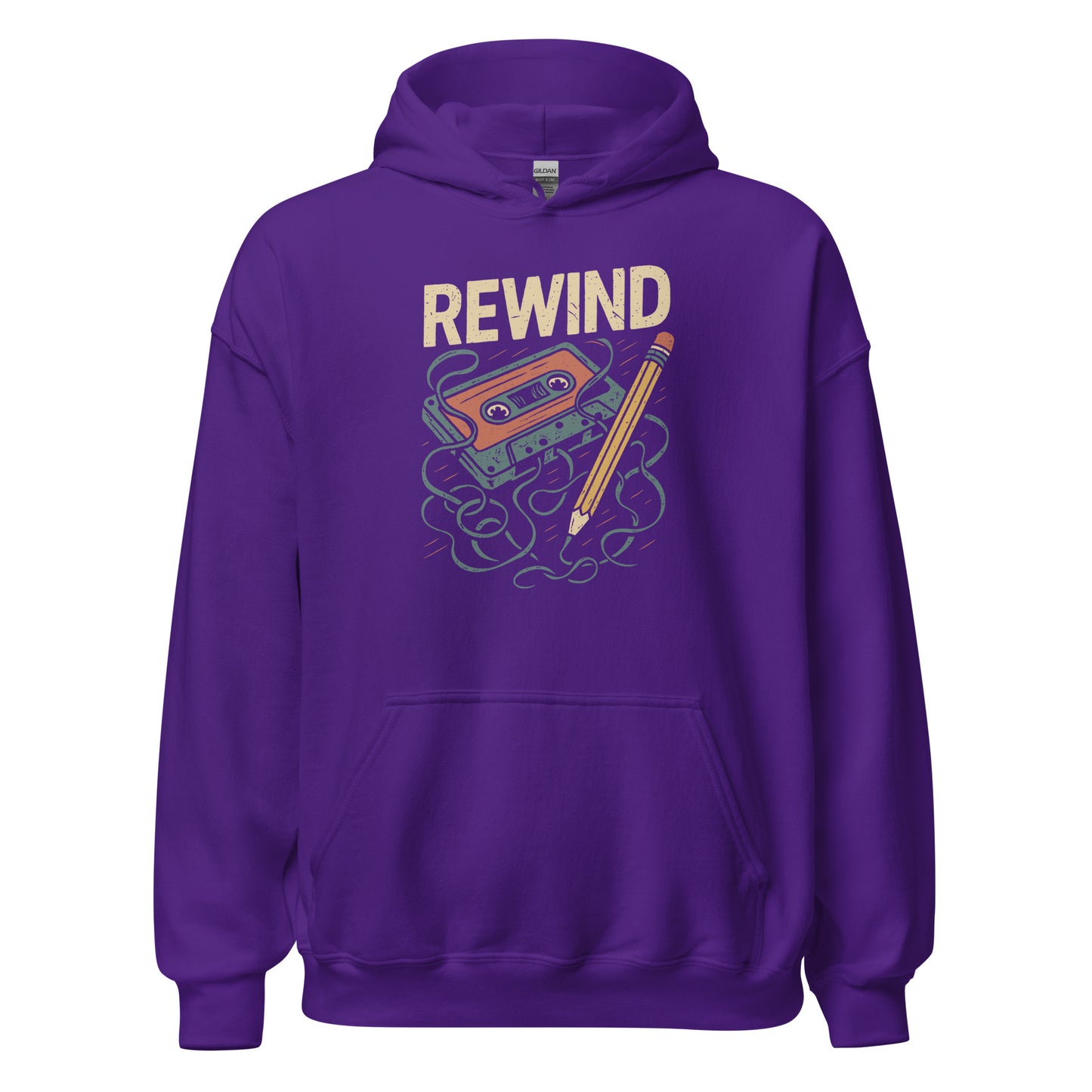 Purple hoodie with 'REWIND' graphic design on a white background