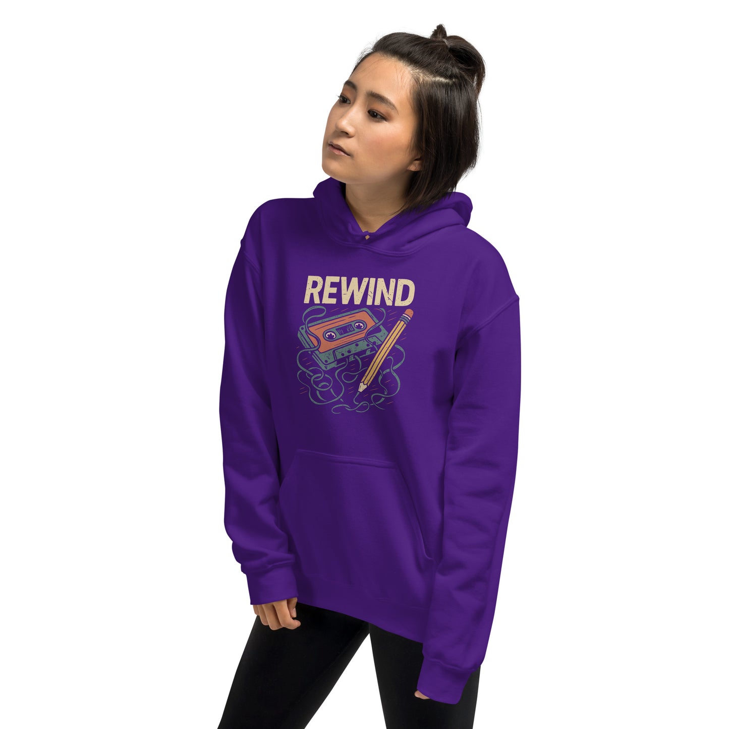 Person wearing a purple hoodie with 'REWIND' design on a white background