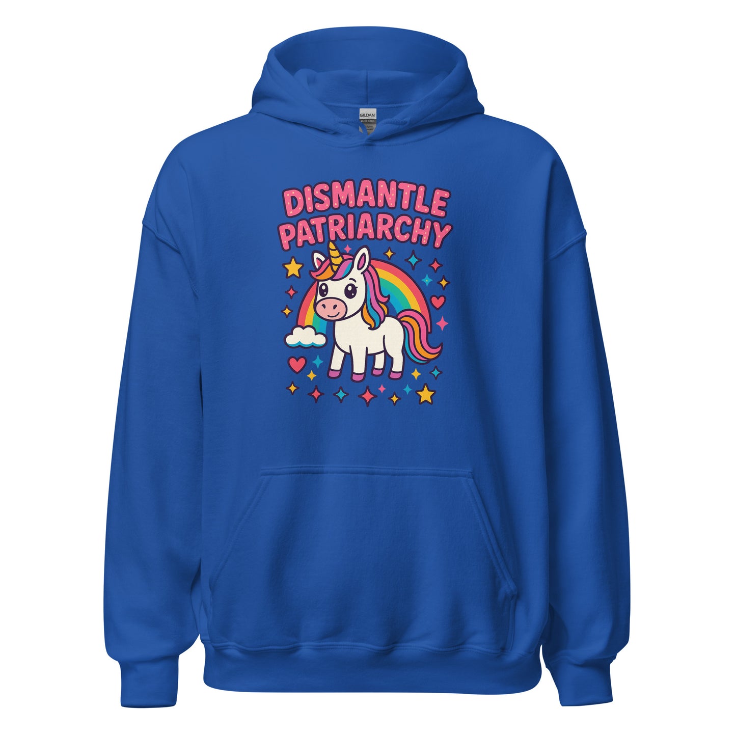 Blue hoodie with a unicorn graphic and text 'Dismantle Patriarchy' on a white background