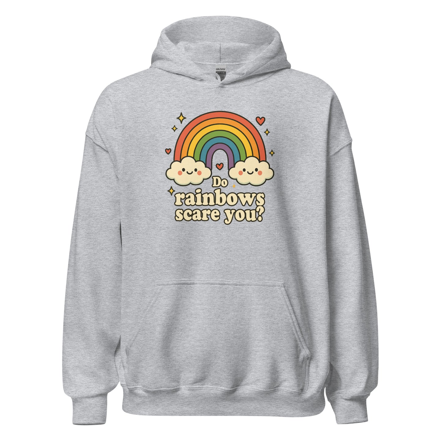 Gray hoodie with rainbow and cloud design on a white background