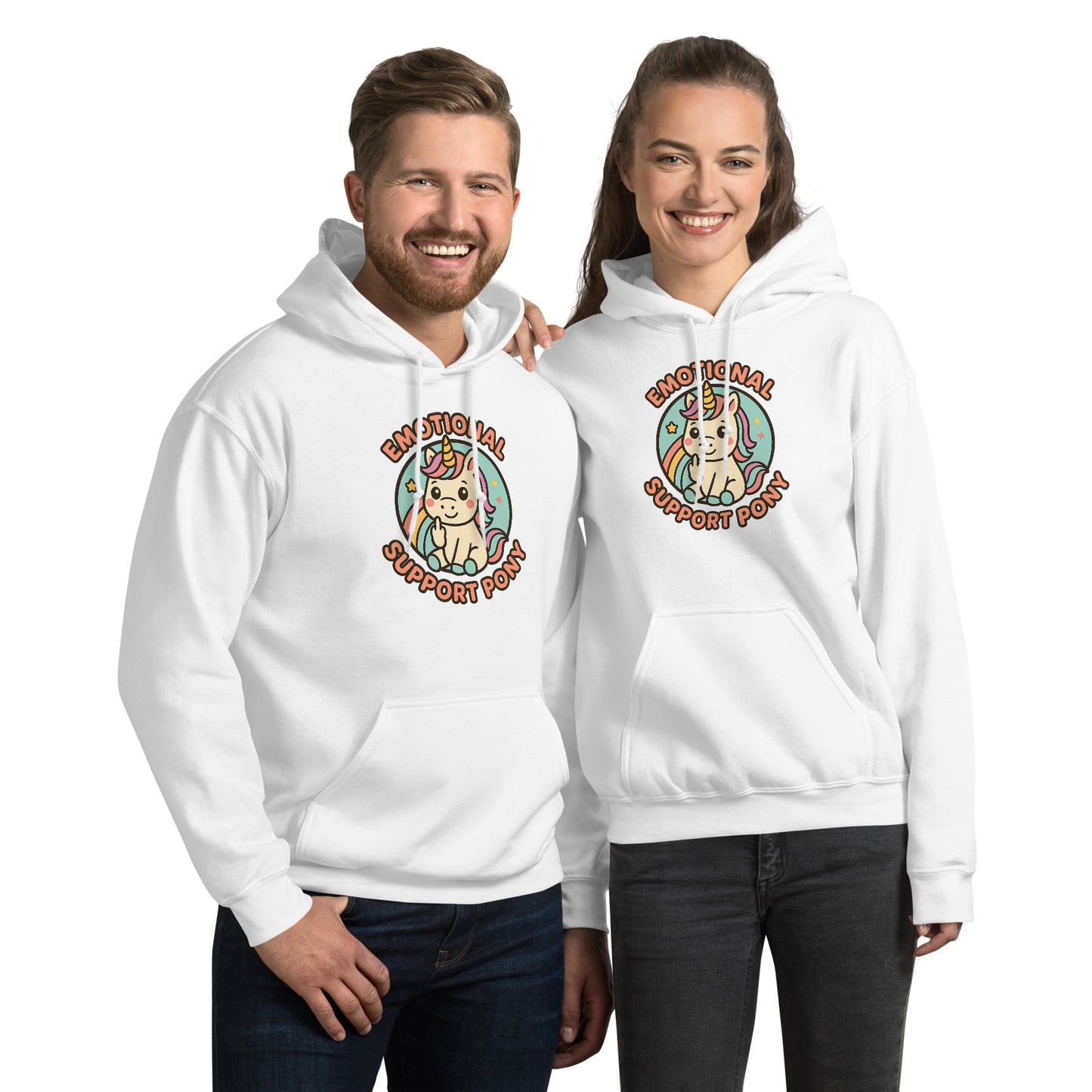 Two people wearing white hoodies with a circular design featuring text and an animal illustration on a white background.