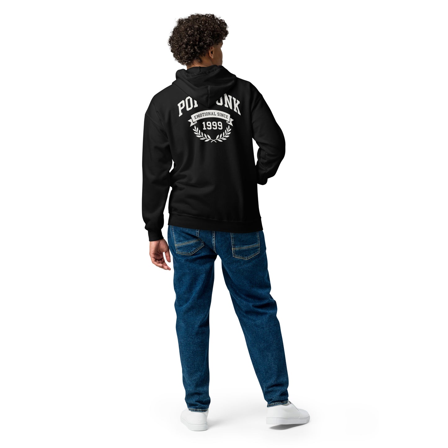Person wearing a black hoodie with text on the back, standing against a white background