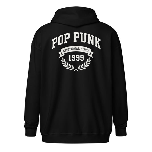 Black hoodie with 'Pop Punk Emotional Since 1999' text on the back against a white background