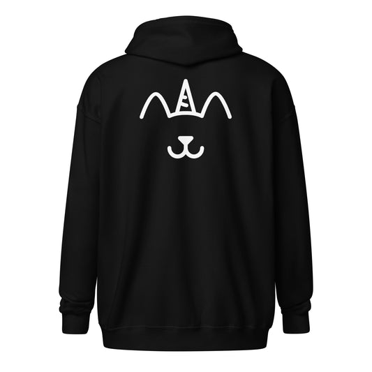 Black hoodie with a white graphic on the back against a white background