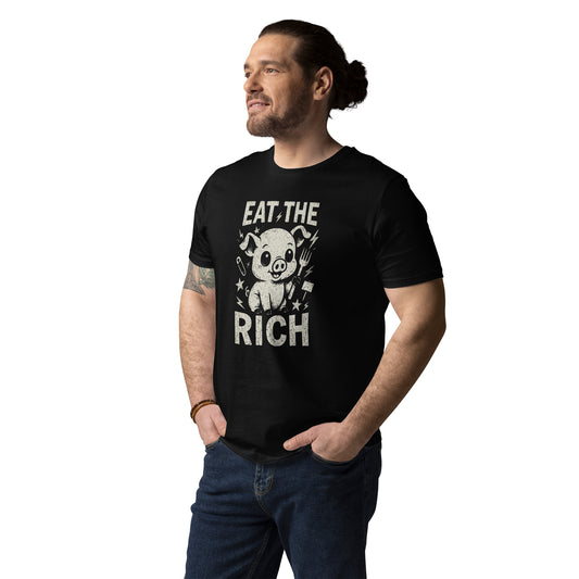Man wearing a black t-shirt with 'Eat the Rich' graphic design on a white background