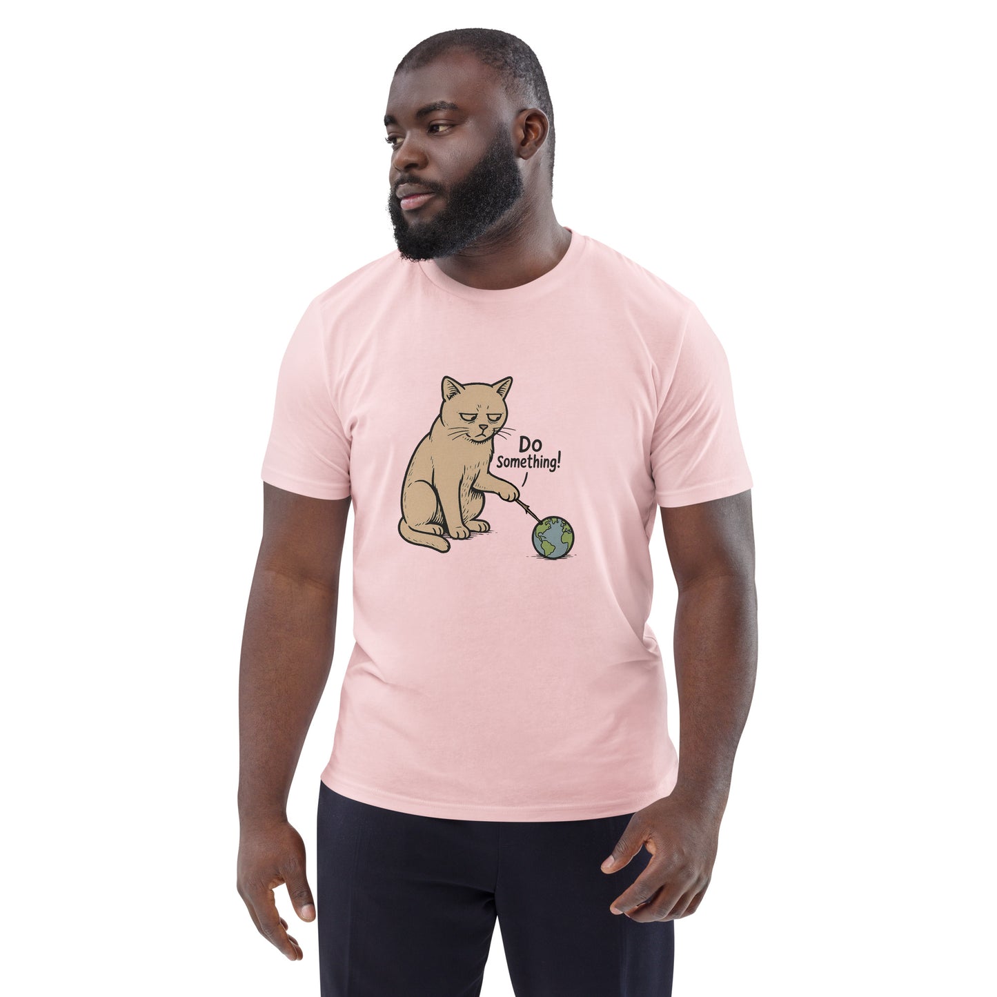 Man wearing a pink t-shirt with a cat graphic and 'Do Something!' text on a white background