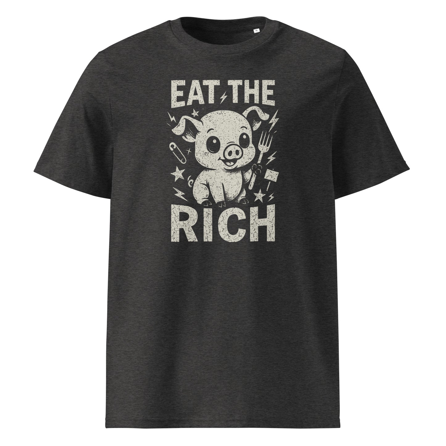 Black t-shirt with a graphic of a pig and text 'Eat the Rich' on a white background