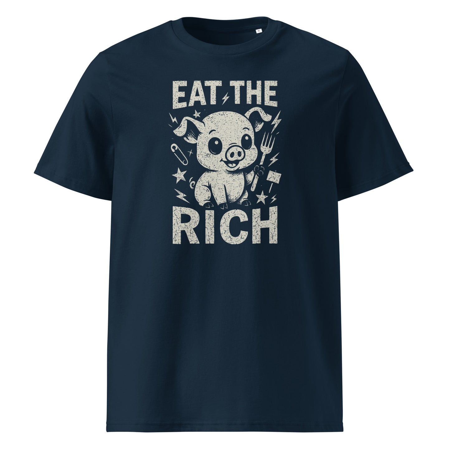 Navy blue t-shirt with graphic design and text 'Eat the Rich' on a white background