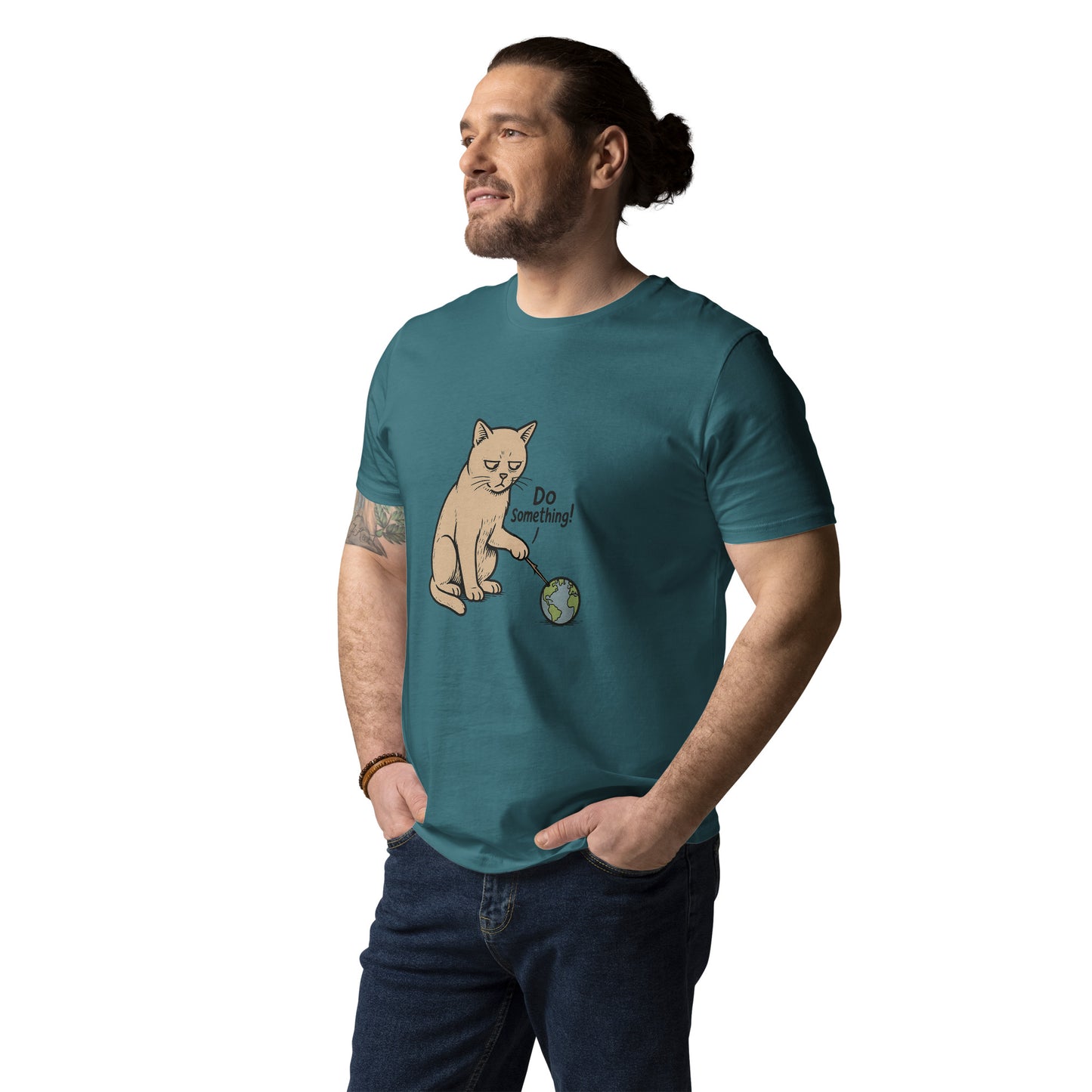 Man wearing a teal t-shirt with a cat graphic and text on a white background