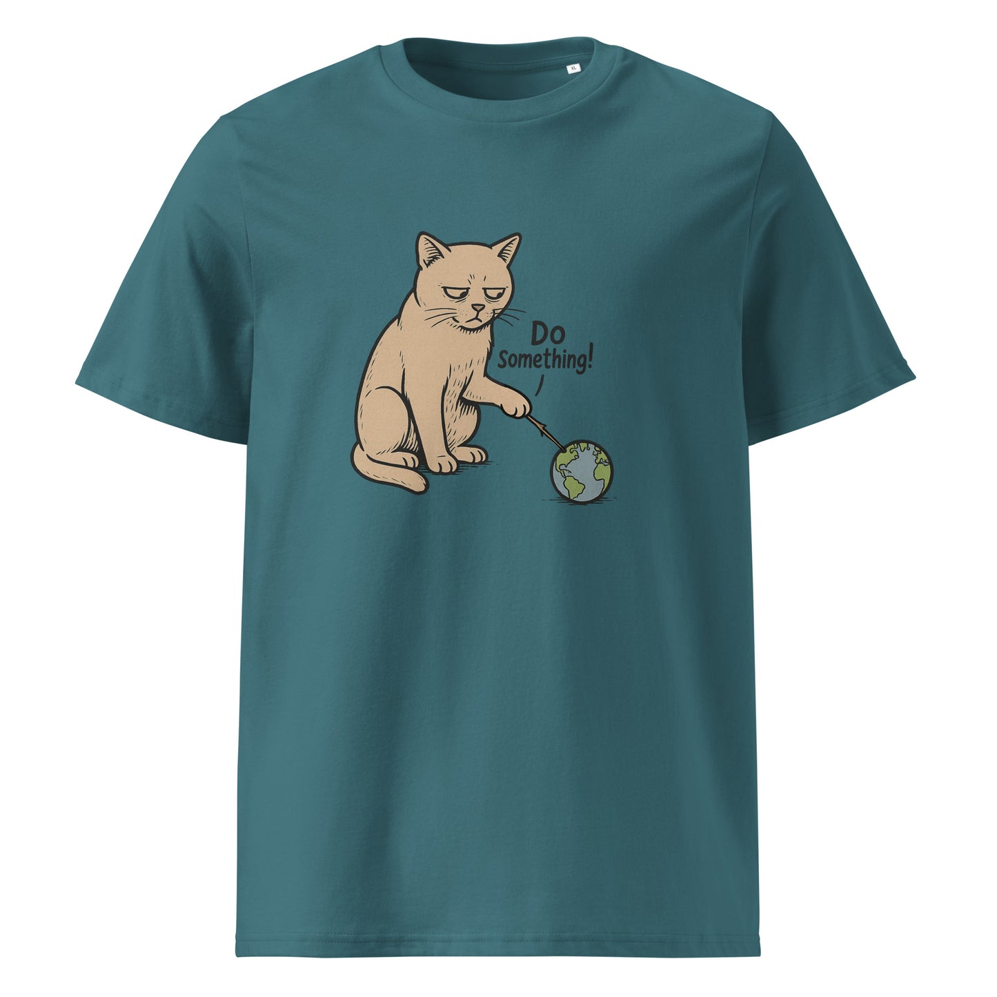 Teal t-shirt with a cat illustration and 'Do Something!' text on a white background
