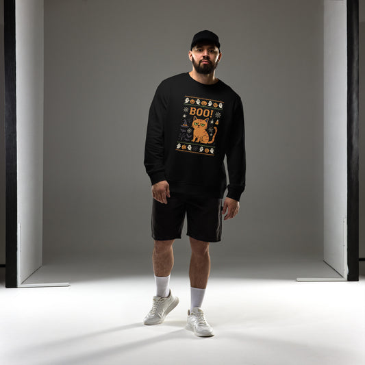 Man wearing a black sweatshirt with a Halloween design, black shorts, white socks, and white sneakers in a studio setting.