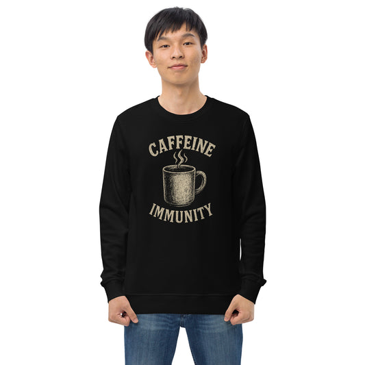 Person wearing a black sweatshirt with 'CAFFEINE IMMUNITY' text and coffee cup graphic on a white background