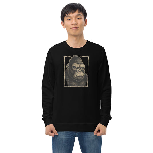Person wearing a black sweatshirt with a gorilla graphic on a white background