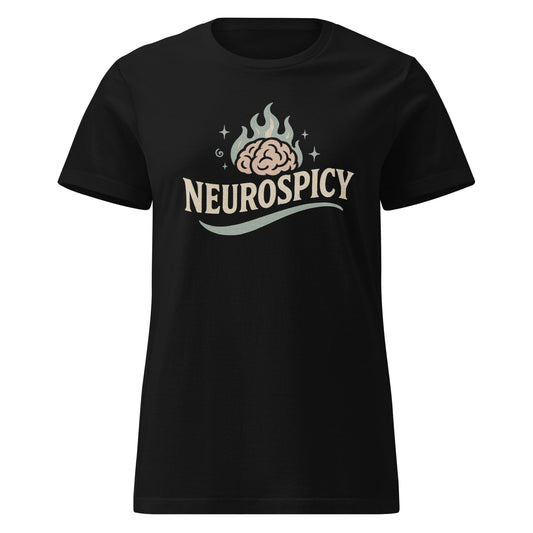 Black t-shirt with 'NEUROSPICY' design featuring a brain and flames on a white background